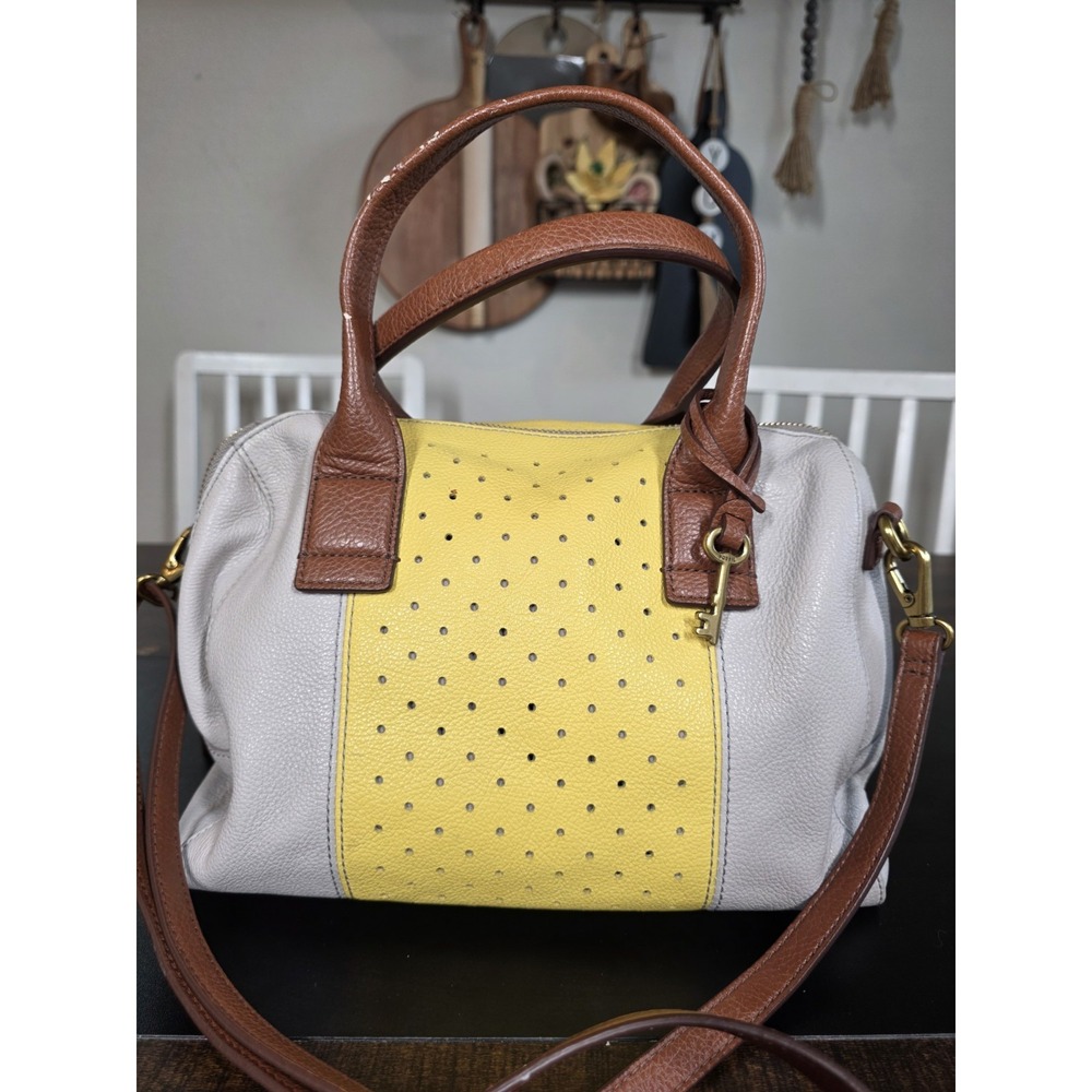 Fossil Jori Crossbody Satchel Colorblock Yellow Brown Gray Shoulder‎ Bag Handbag